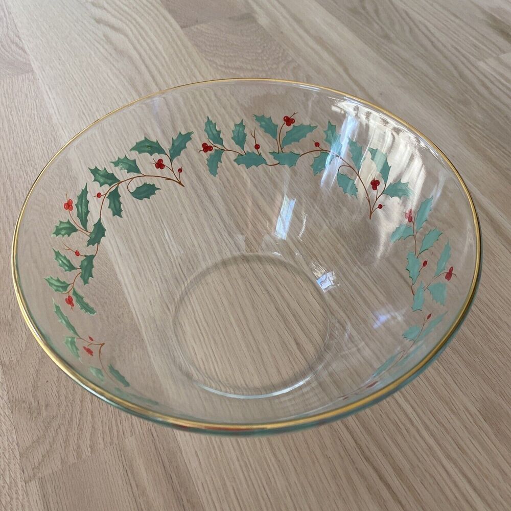 Vintage Arcoroc France Glass Holiday 9" Serving Bowl Christmas Holly Holiday
